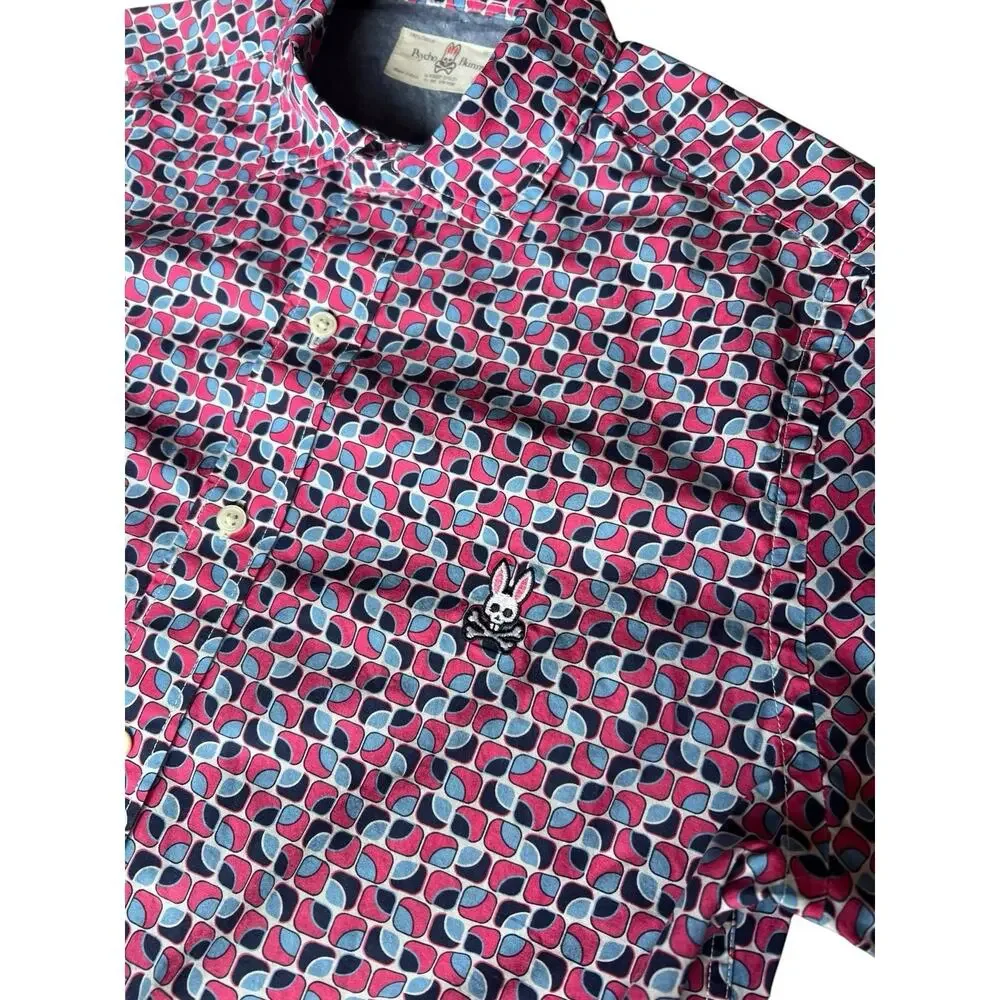 Psycho Bunny Shirt Mens Small Red Blue Button Down Pima Cotton Diamond